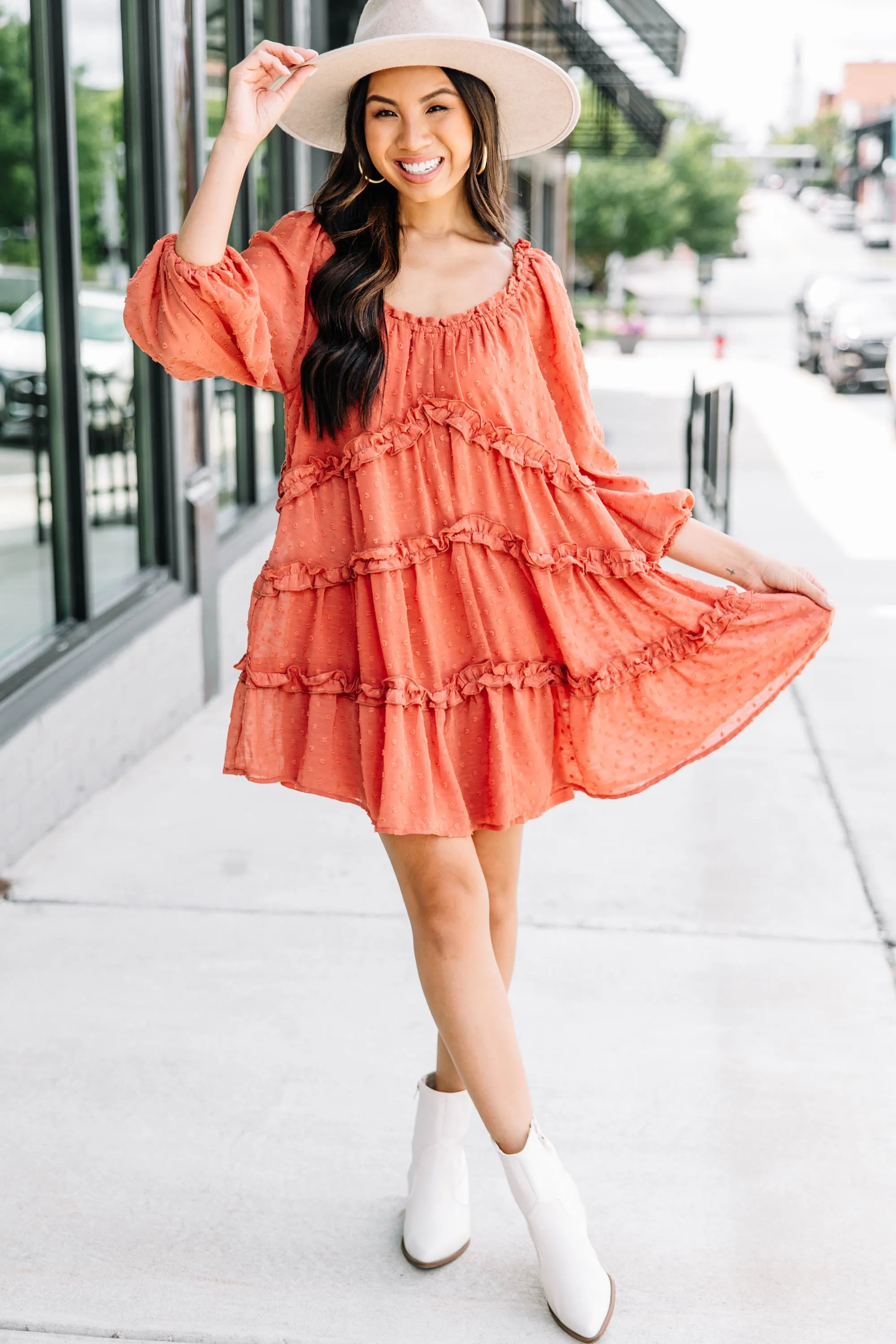 All Up To You Rust Orange Swiss Dot Dress