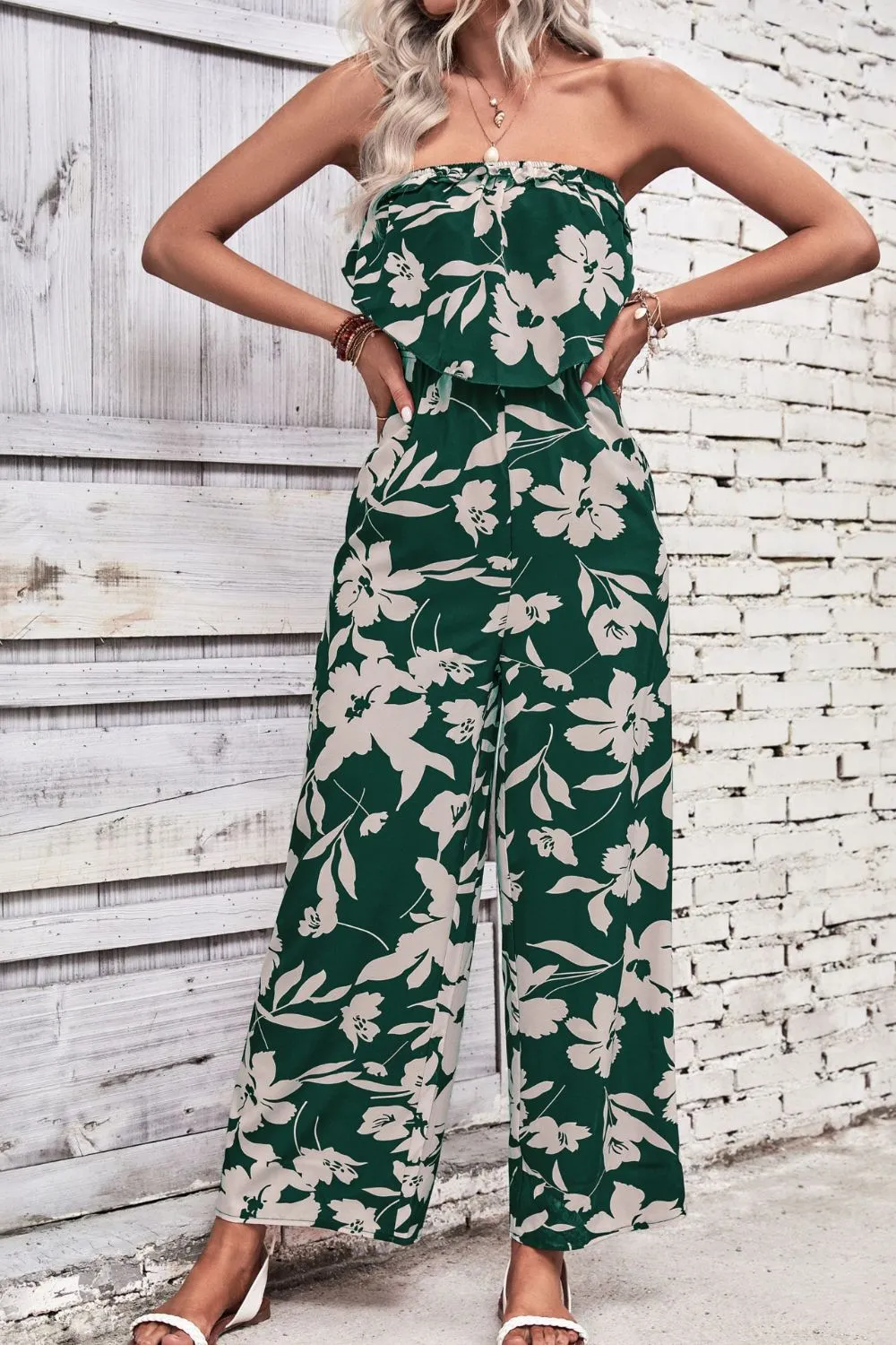 Blossom Allure: Floral Strapless Wide Leg Jumpsuit