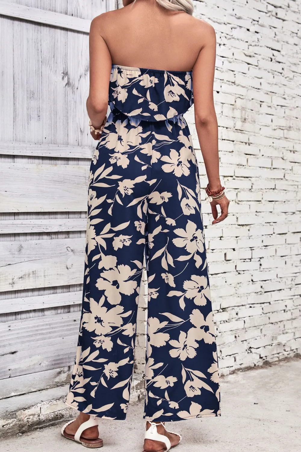 Blossom Allure: Floral Strapless Wide Leg Jumpsuit