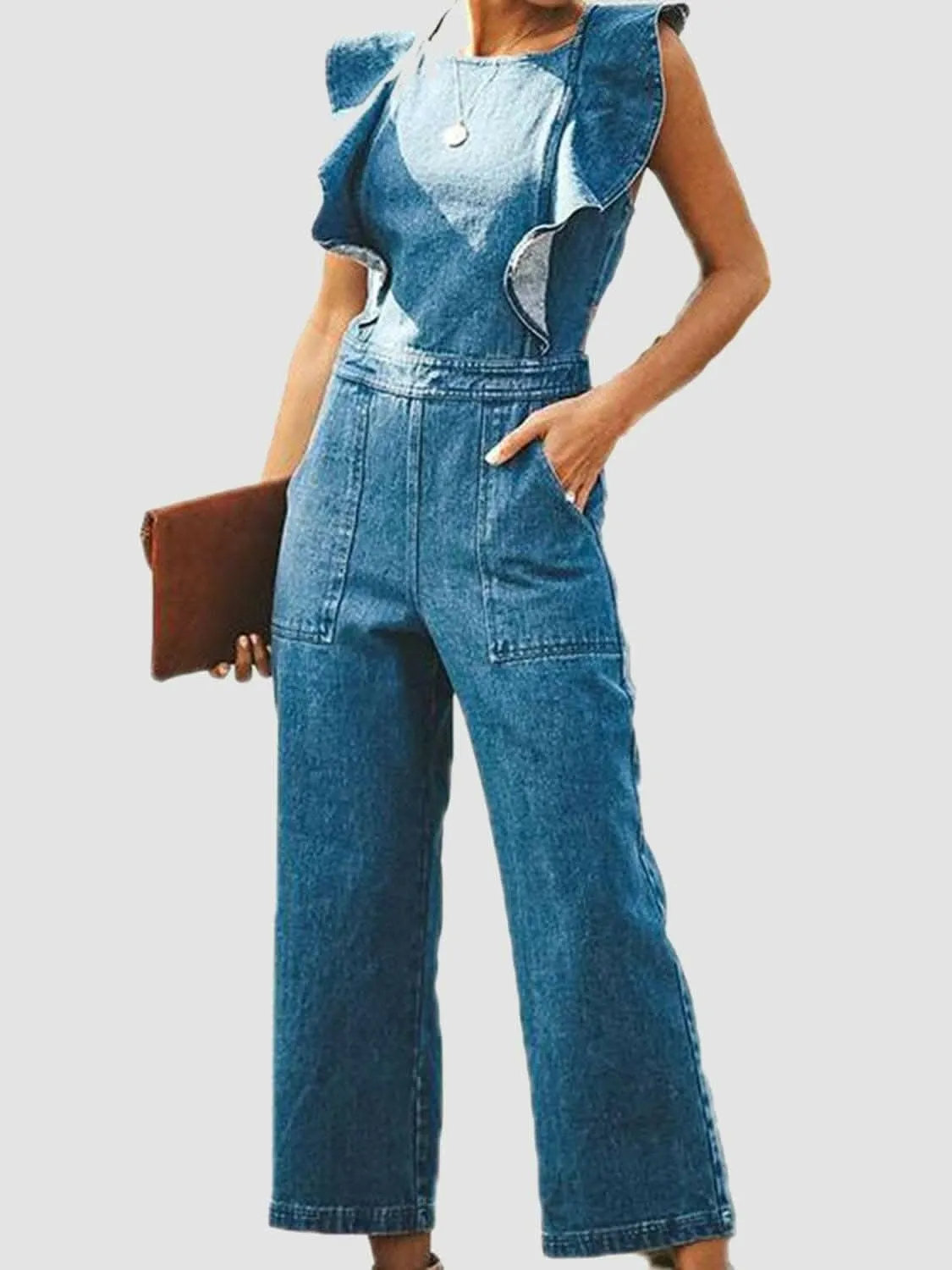 Chic open back denim jumpsuit