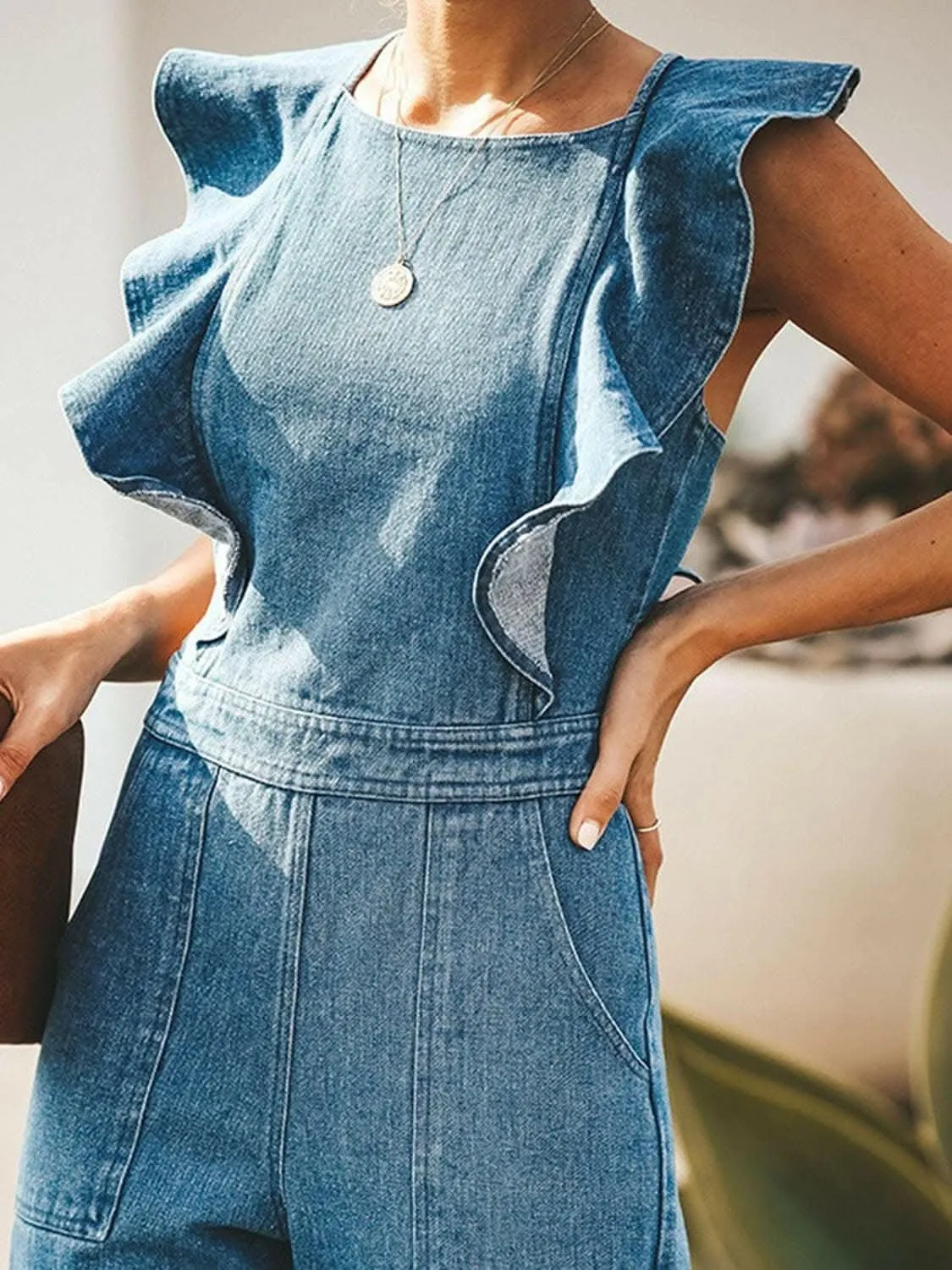 Chic open back denim jumpsuit