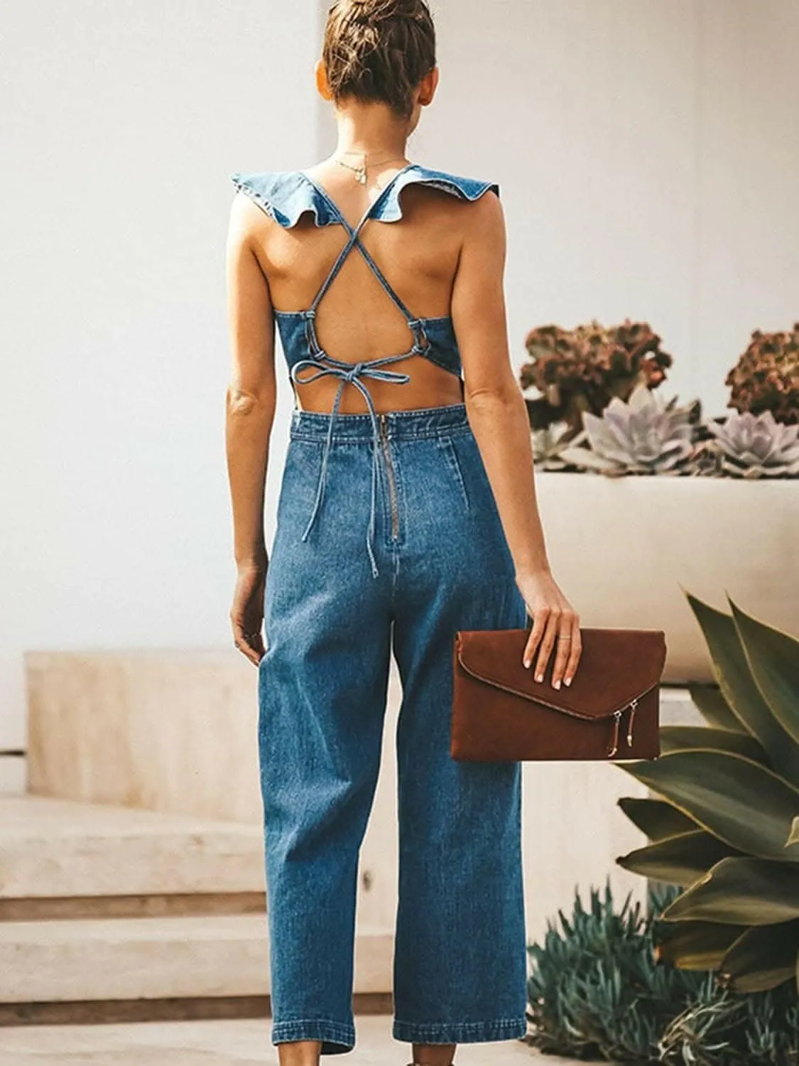 Chic open back denim jumpsuit