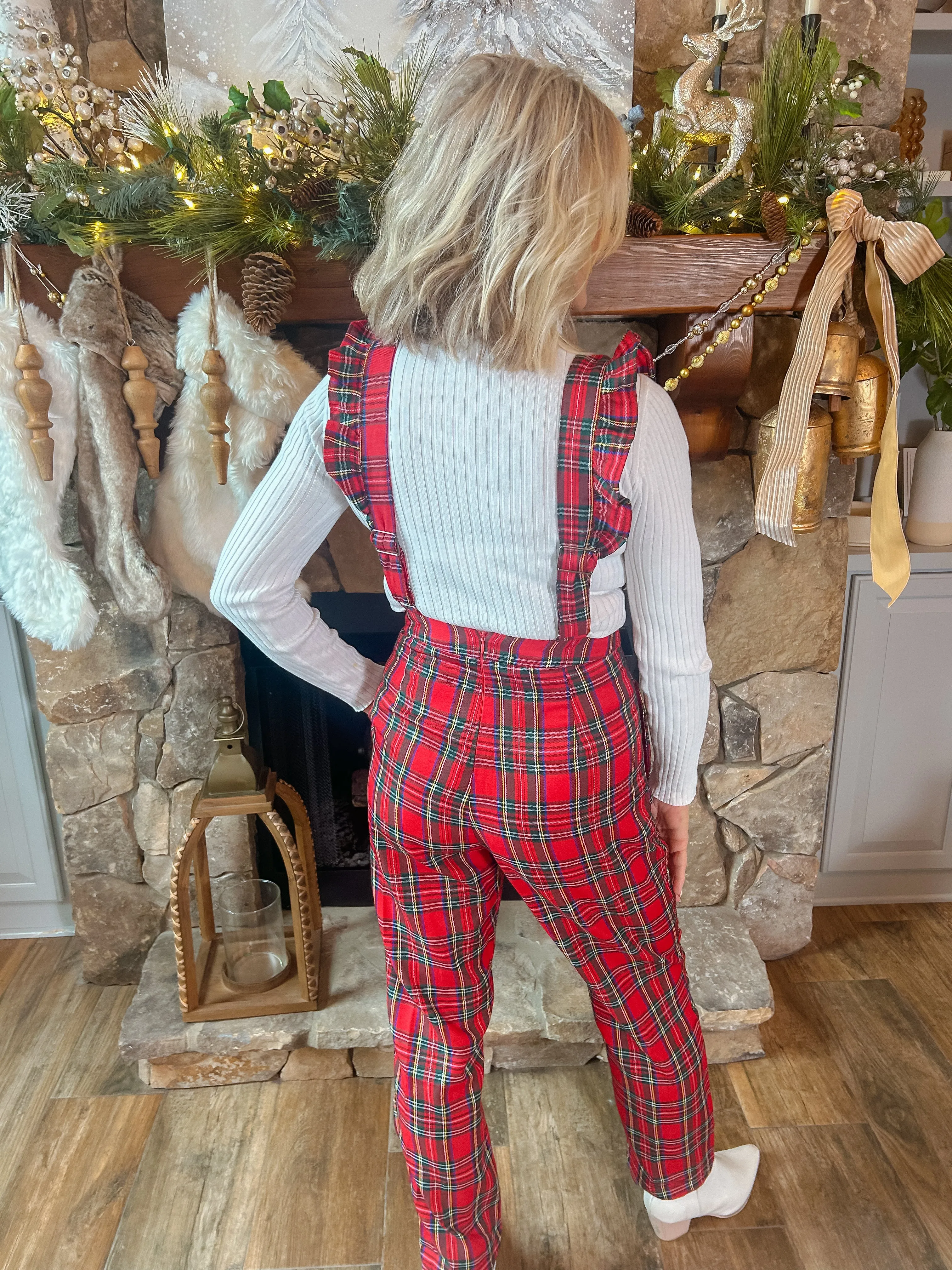 Christmas Checkered Plaid Ruffled Strap Jumpsuit Overalls