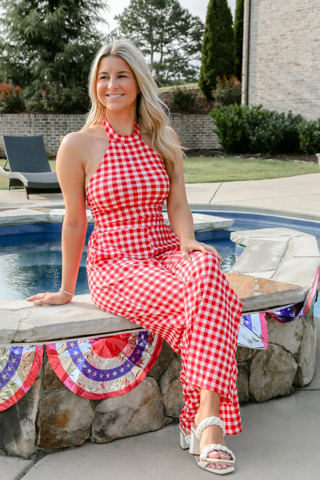 Gingham Halter Tie Jumpsuit- Red/White
