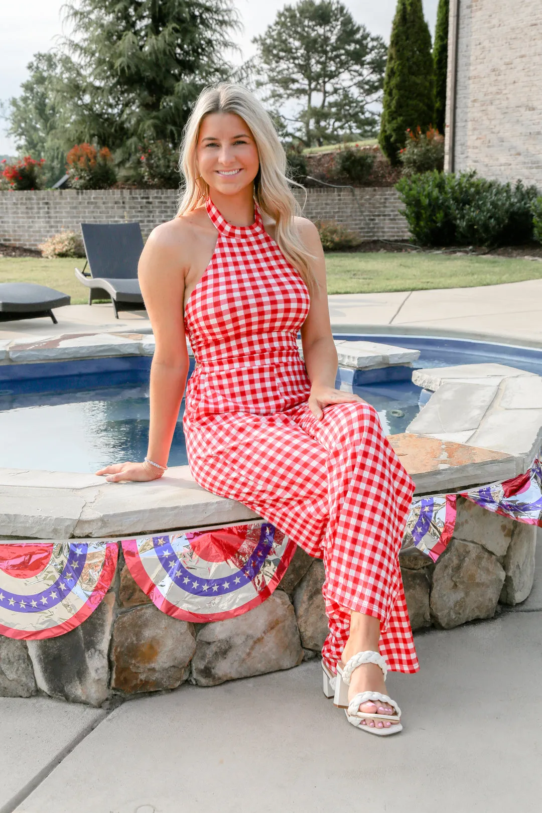 Gingham Halter Tie Jumpsuit- Red/White
