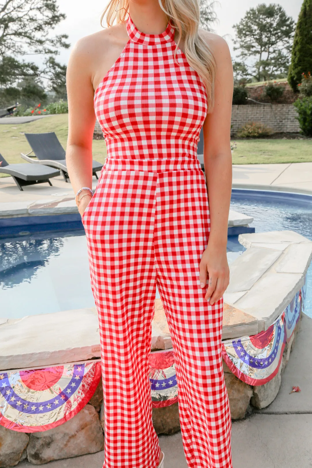 Gingham Halter Tie Jumpsuit- Red/White
