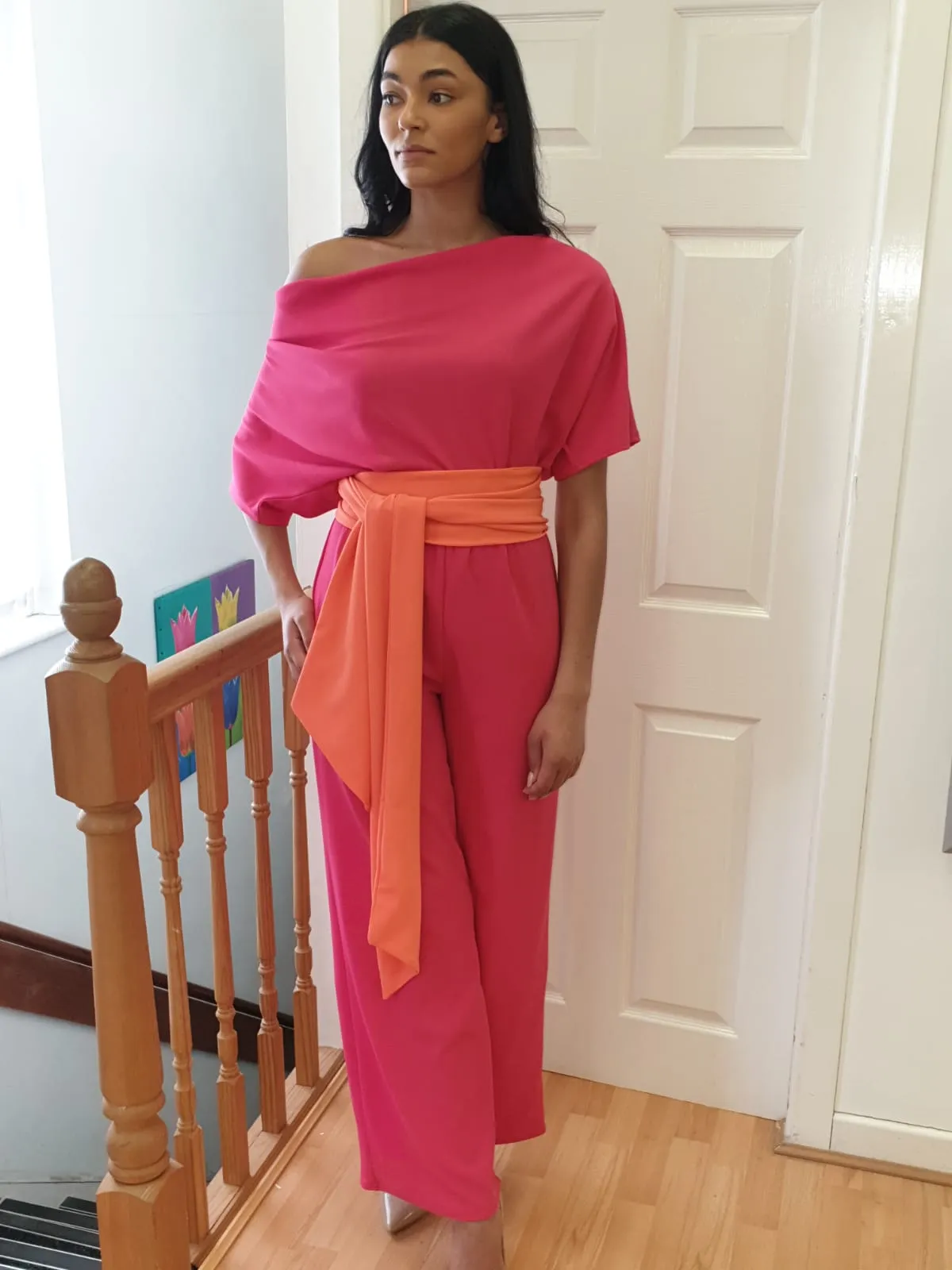 Jordan cowl neck or off shoulder jumpsuit fuchsia  and coral