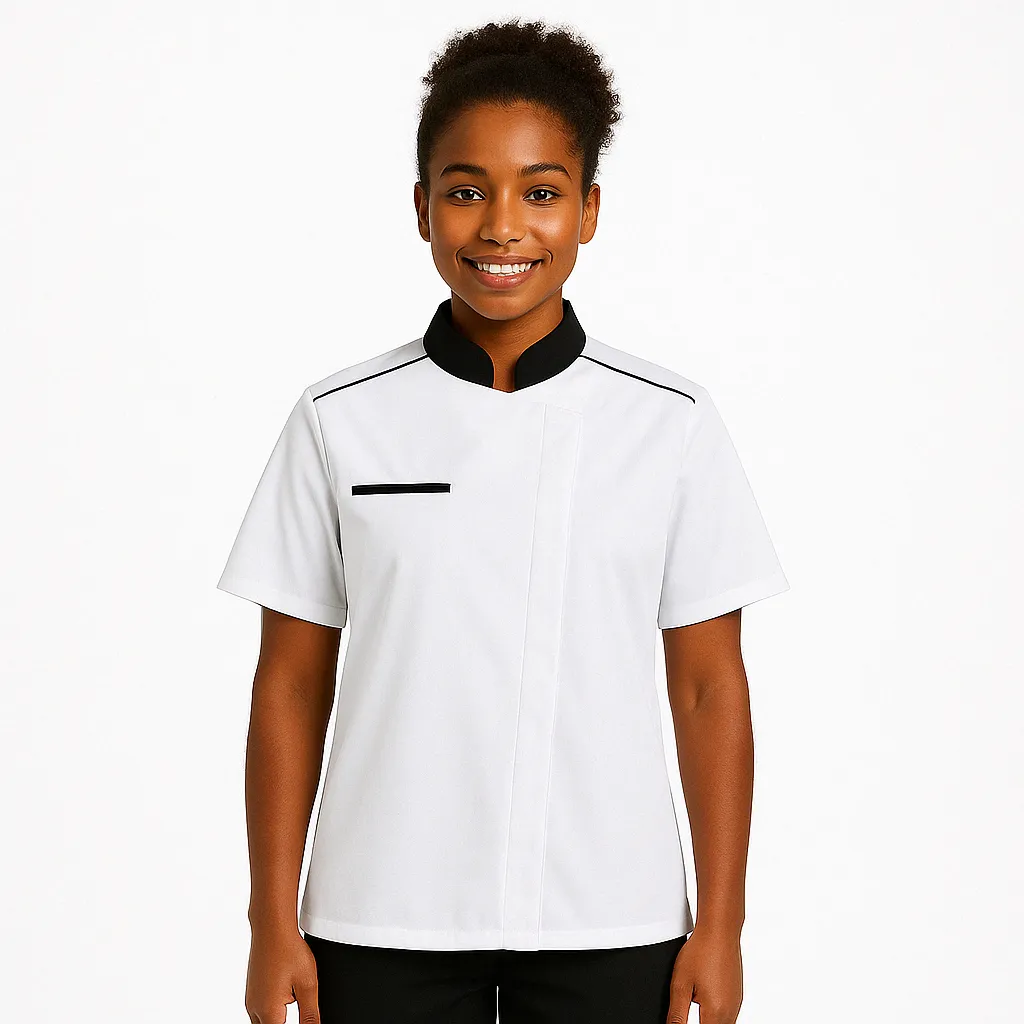 Neospirit White Breathable Chef Coat Short Sleeves with Black Piping for Women - MOLINEL