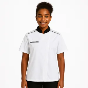 Neospirit White Breathable Chef Coat Short Sleeves with Black Piping for Women - MOLINEL