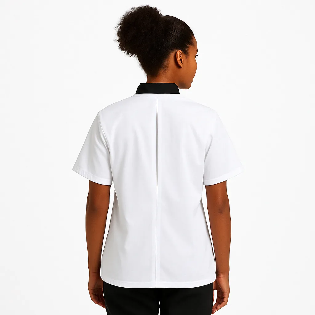 Neospirit White Breathable Chef Coat Short Sleeves with Black Piping for Women - MOLINEL