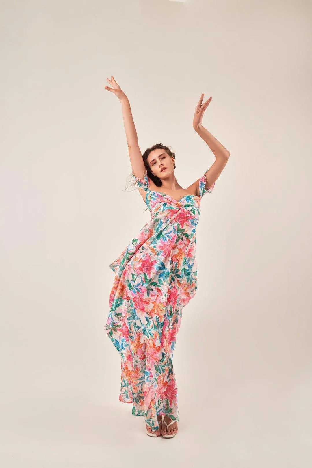 OFF-SHOULDER TROPICAL PRINT MAXI DRESS