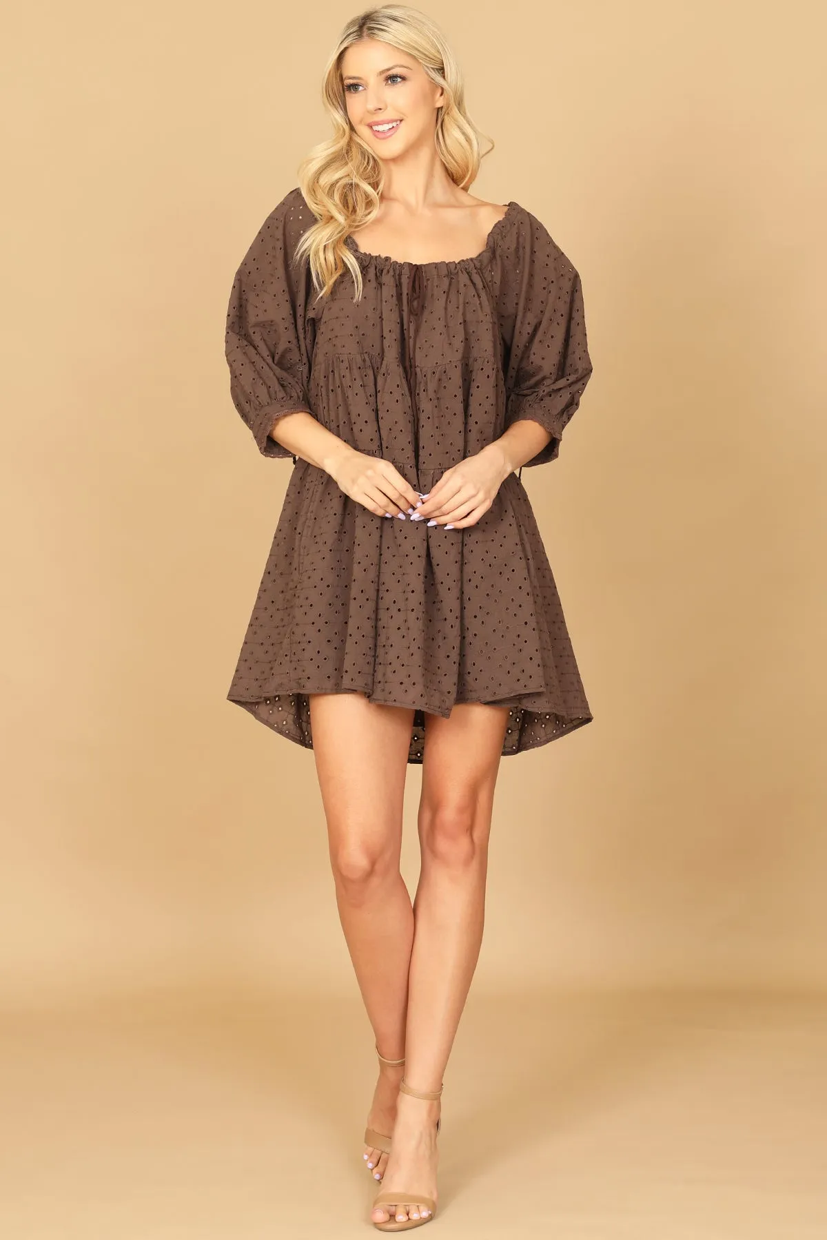 PUFF SLEEVE EYELET BABYDOLL MINI DRESS 2-2-1